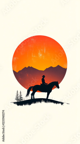 A silhouette of a rider on a horse against a vibrant sunset backdrop, with mountains and trees creating a serene outdoor scene.