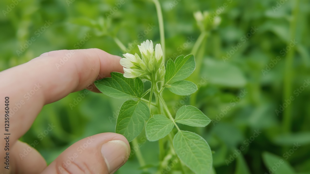 Hand Gently Touching Small White Flowered Plant With Yellow Spots Hand Gently Touching Small White Flowered Plant With Yellow Spots