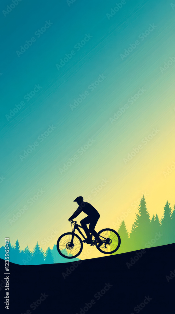 Fototapeta premium A silhouetted cyclist rides uphill against a vibrant gradient sky, surrounded by trees, capturing the essence of adventure and freedom.