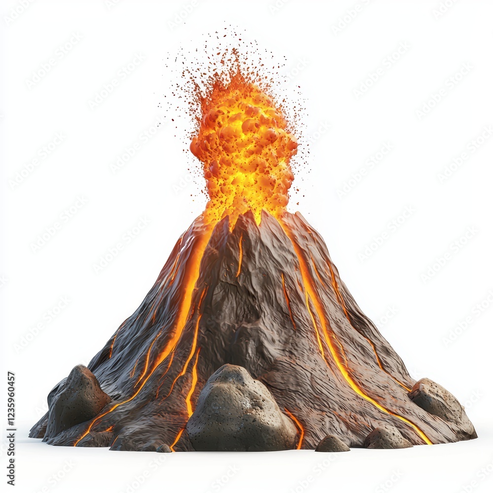 Erupting volcano spewing hot lava and ash into the sky, placed on a bright white background Erupting volcano spewing hot lava and ash into the sky, placed on a bright white background