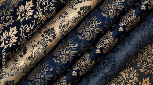 Elegant Textile Patterns Featuring Intricate Floral Designs in Gold and Navy