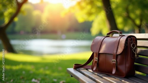 Messenger Bag Mockup,  Park setting with a messenger bag on a bench capturing leather texture and logo details.