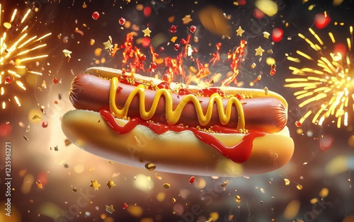 Floating 4th of July BBQ Hot Dog with a Splash of Mustard and Ketchup, Fireworks in the Background, Patriotic Theme