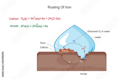 The chemical of rust illustration.Rusting is the slow oxidation of iron when exposed to moisture and oxygen, forming reddish-brown iron oxide, which weakens the metal over time.
