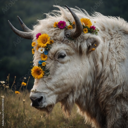A white buffalo with a floral mane, symbolizing rebirth and nature’s beauty.