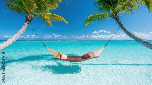 Quiet Peaceful Hammock hanging between two palm trees on a tropical beach, clear blue sky, serene and relaxing atmosphere