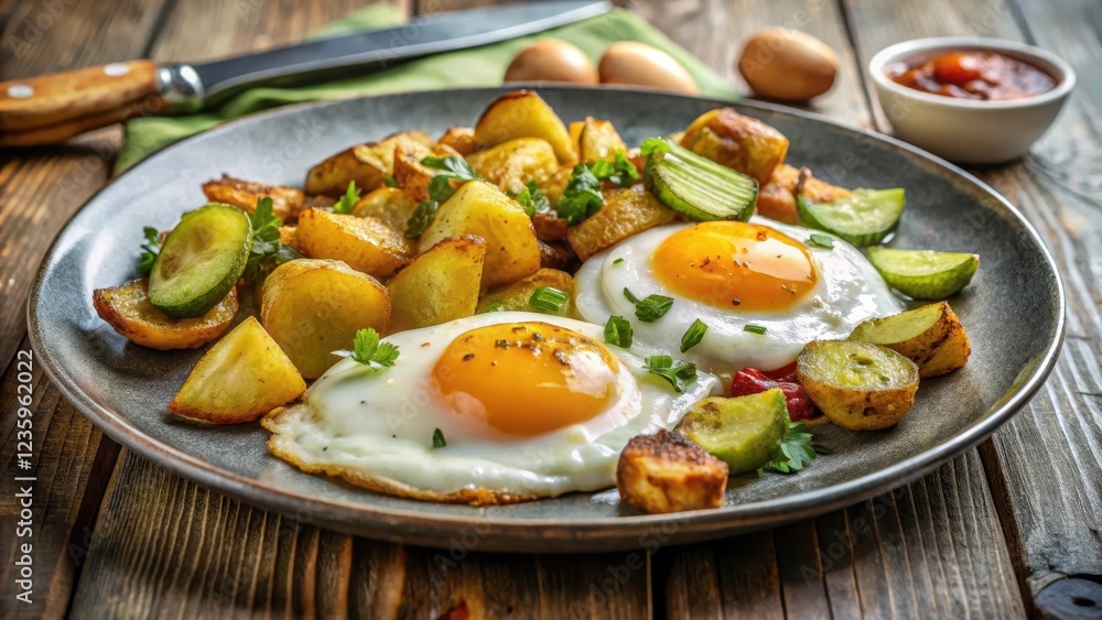 Crispy roasted potato and two fried eggs on a plate with sliced gherkin on top, served in a classic British style breakfast setting Crispy roasted potato and two fried eggs on a plate with sliced gherkin on top, served in a classic British style breakfast setting