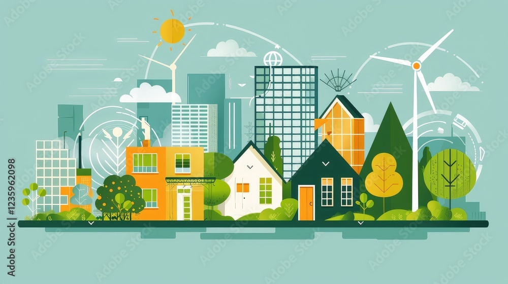 Naklejka premium Vibrant Urban Landscape Illustrating Sustainable Living Concepts