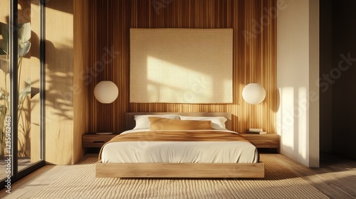 Wallpaper Mural A Japandi bedroom with paper lantern pendant lighting and a woven wall tapestry. Torontodigital.ca