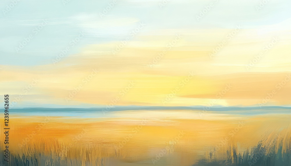 Obraz premium Serene Sunset Over Golden Fields and Calm Water
