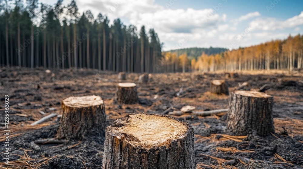 Deforestation effects on nature with tree stumps in a logged forest landscape during daytime in a rural region Deforestation effects on nature with tree stumps in a logged forest landscape during daytime in a rural region
