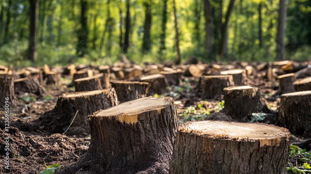 Tree stumps scattered across a sunlit forest clearing after logging activity near a wooded area in autumn Tree stumps scattered across a sunlit forest clearing after logging activity near a wooded area in autumn