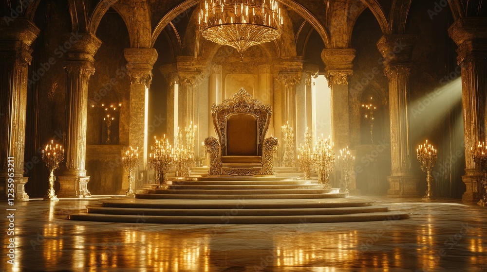 Obraz premium Golden throne placed on a raised platform with steps, in a castle's lavish hall adorned with grand arches and glowing candelabras.