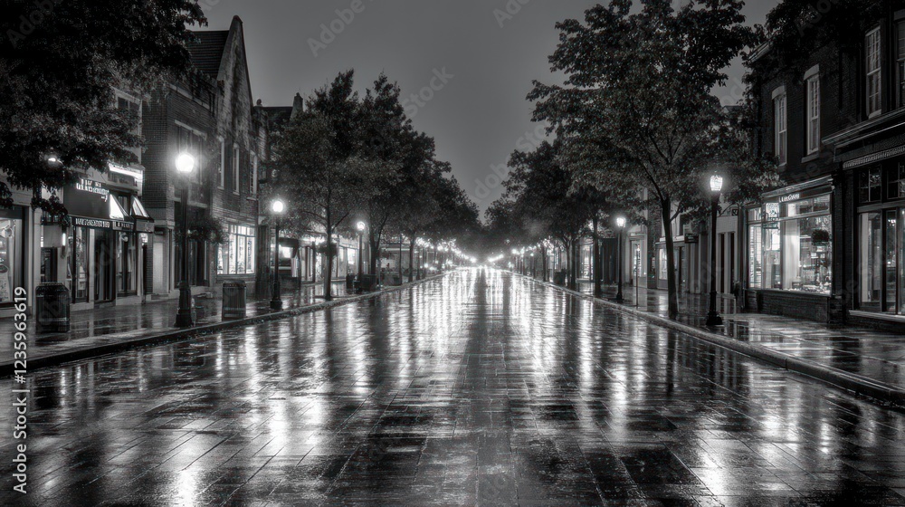 Fototapeta premium Rainy night street scene, town, reflections, empty, calm, black and white, atmospheric, urban, background