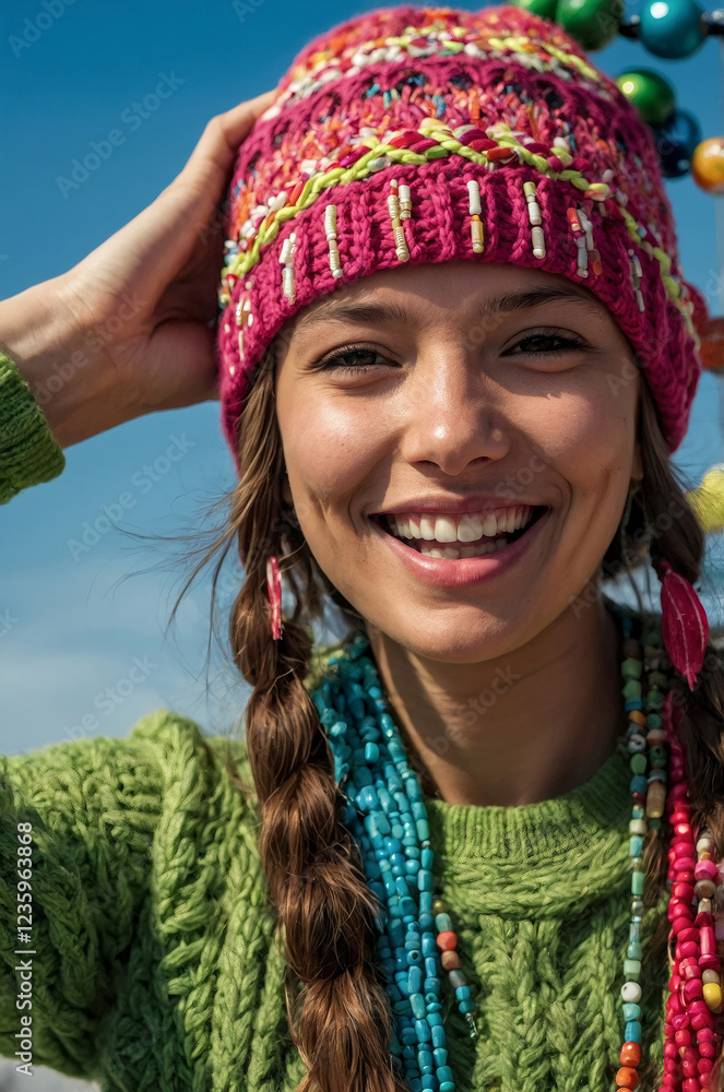 Radiant Woman in Knit Beanie: A cheerful young woman with long braided hair smiles radiantly, wearing a vibrant knit beanie and a green sweater. Radiant Woman in Knit Beanie: A cheerful young woman with long braided hair smiles radiantly, wearing a vibrant knit beanie and a green sweater.