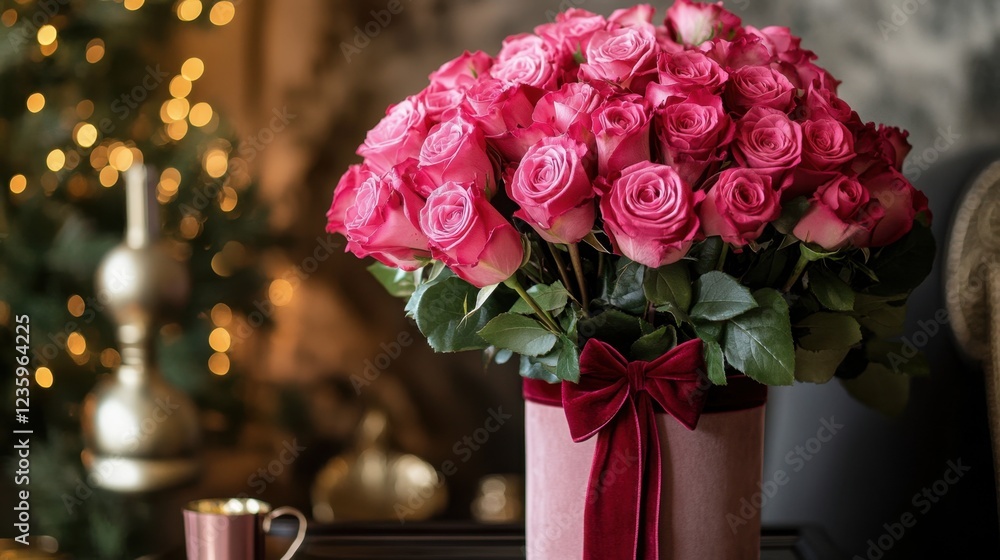 Fototapeta premium A lush rose bouquet in rich pink tones, tied with a velvet ribbon, placed in a designer gift box.