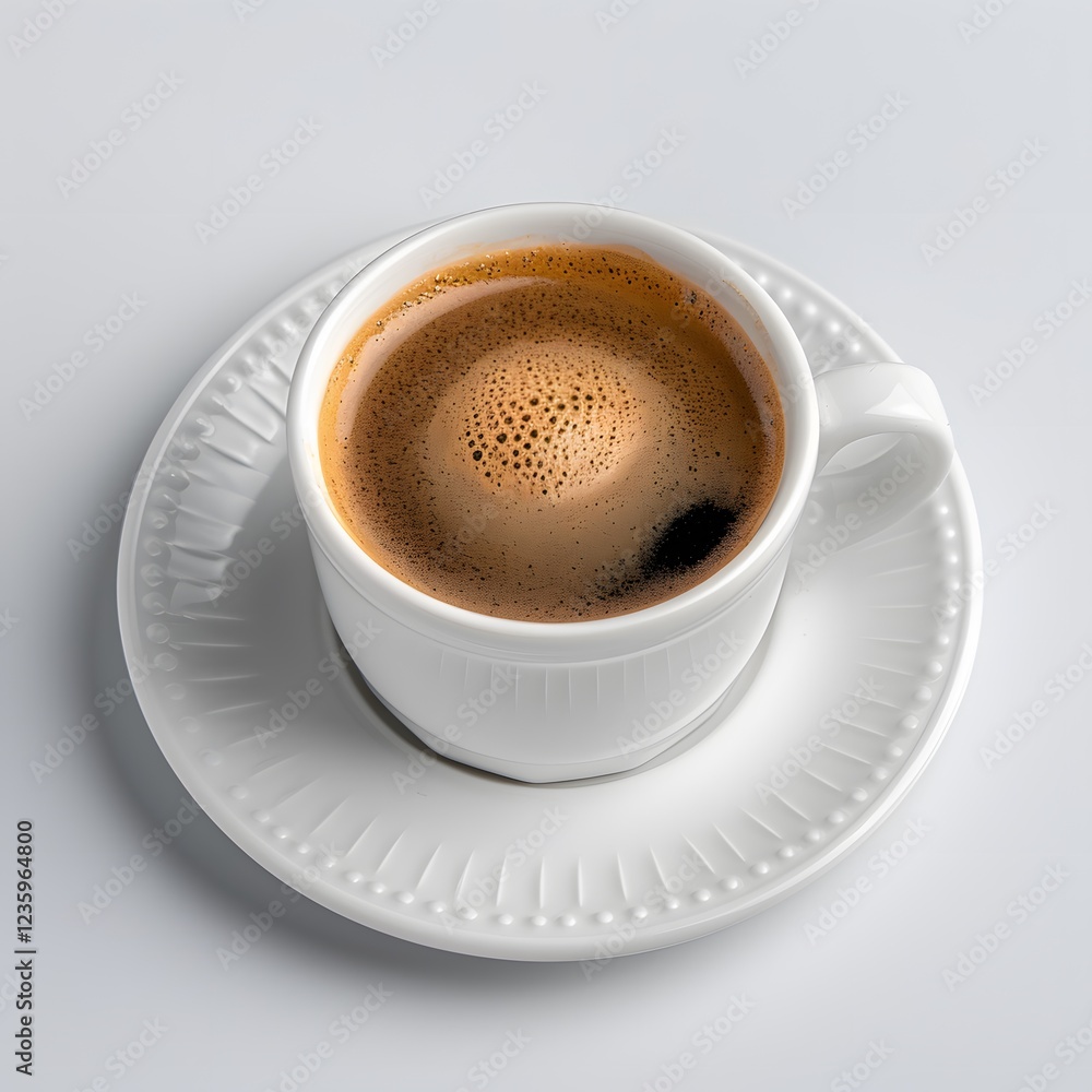 Fresh espresso, white cup, saucer, studio, background, menu Fresh espresso, white cup, saucer, studio, background, menu
