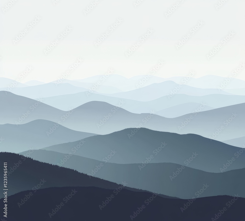 Misty Blue Mountain Range Landscape, Serenity Misty Blue Mountain Range Landscape, Serenity