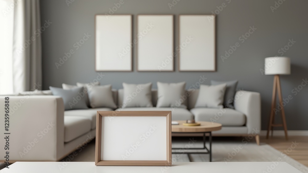 Picture Frame with Baby Photo, Modern metal frame on chic grey background color baby photo. Photorealistic. Picture Frame with Baby Photo, Modern metal frame on chic grey background color baby photo. Photorealistic.