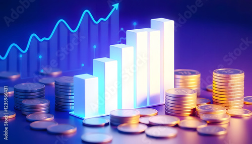 Financial growth concept with illuminated bar graph, rising chart, coins, and blue economic trend background symbolizing investment and wealth. photo