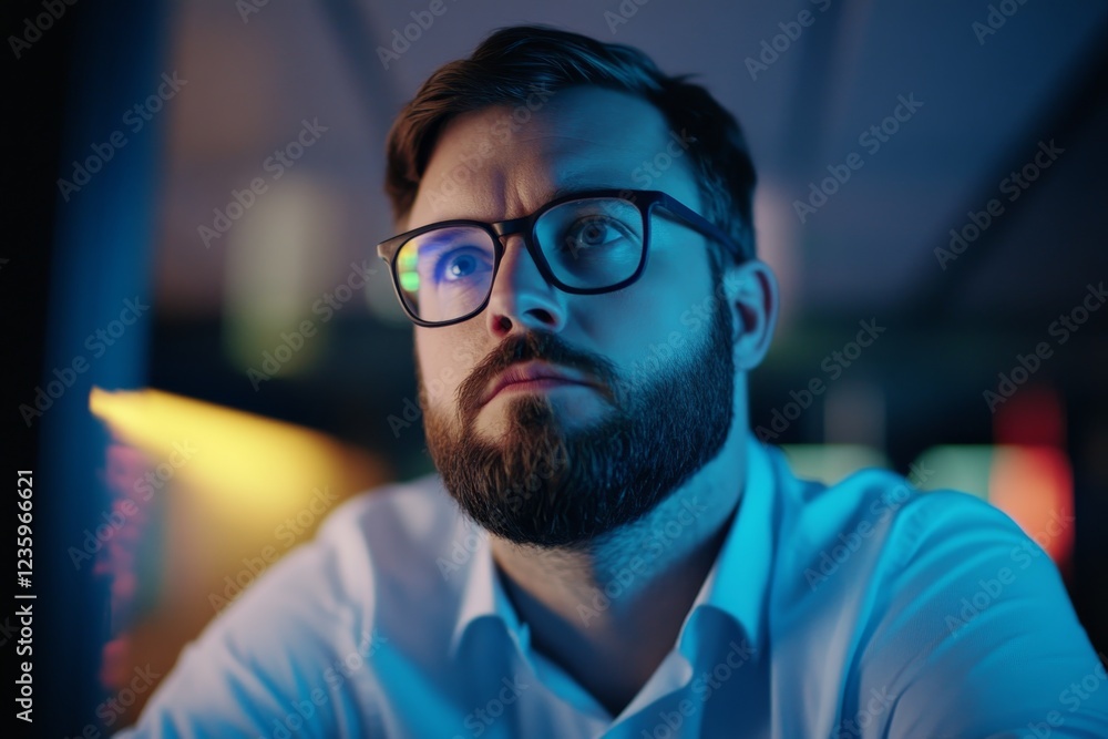 Obraz premium Young man focused on laptop screen in a dimly lit workspace during nighttime