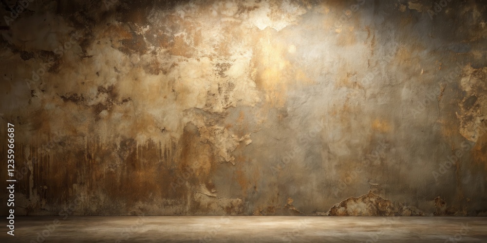 Fototapeta premium A weathered, aged concrete wall with a rough texture and a single spotlight illuminating the center