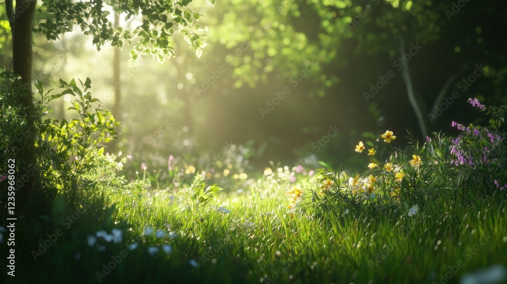 Fototapeta premium A serene forest scene with sunlight filtering through trees, highlighting blooming wildflowers.