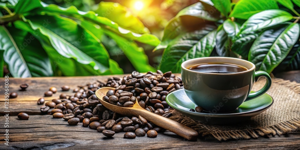 Aromatic cup of black coffee with a spoon and scattered coffee beans on a wooden table Aromatic cup of black coffee with a spoon and scattered coffee beans on a wooden table