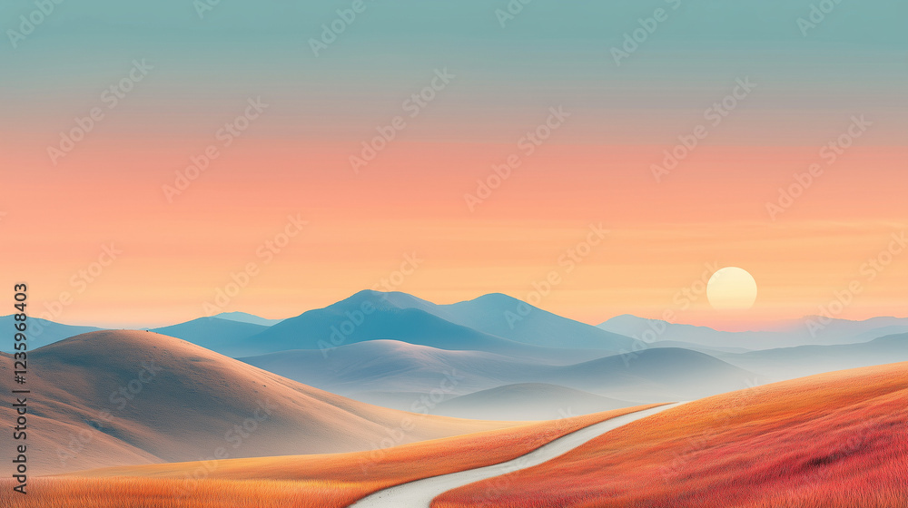 Obraz premium Serene winding path ascending hill at pastel sunset with copy space