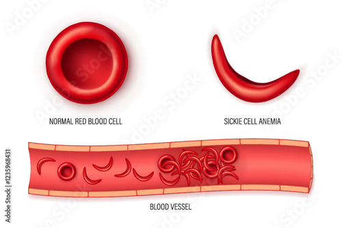 Sickle cell disease. Normal red blood cells and sickled red blood cells. Sickle cell anemia.