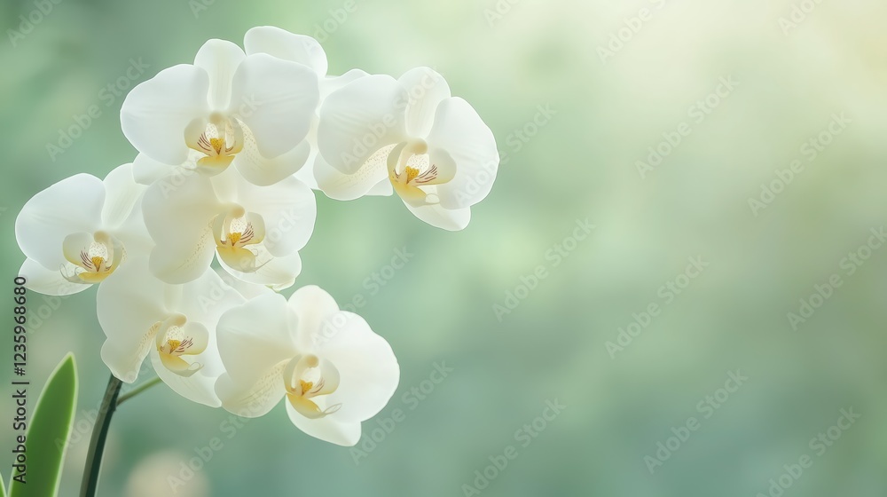 Obraz premium White Orchids Against A Soft Green Background Peaceful Sunlight And Delicate Petals