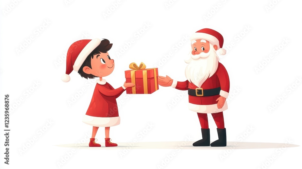 Child Giving Present to Cheerful Santa Claus in Christmas Scene Child Giving Present to Cheerful Santa Claus in Christmas Scene
