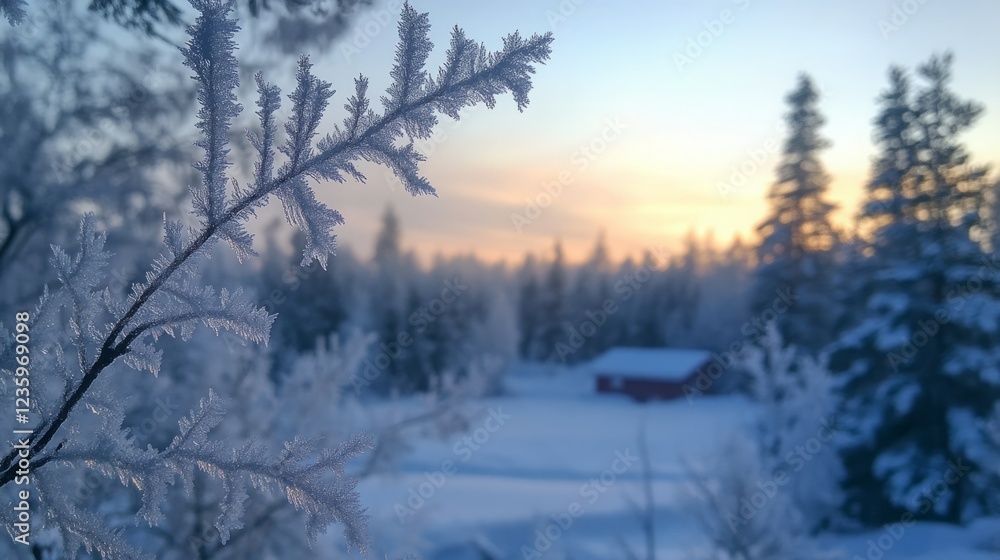 Frosty winter sunrise. A tranquil scene of snow-covered branches and a distant cabin. Frosty winter sunrise. A tranquil scene of snow-covered branches and a distant cabin.