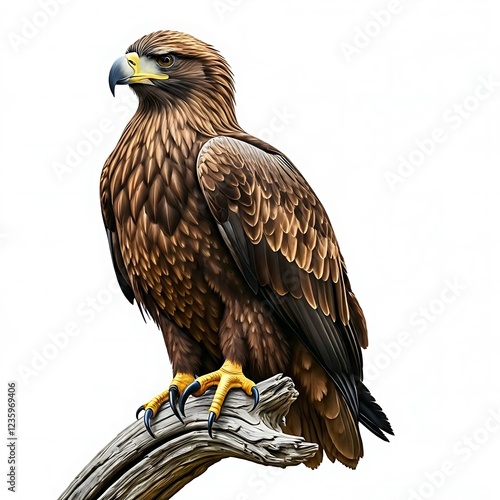 Red Hawk tail siting on the dry wood branch on white background.