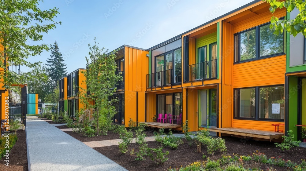 A residential neighborhood developed entirely from modular housing units. A residential neighborhood developed entirely from modular housing units.