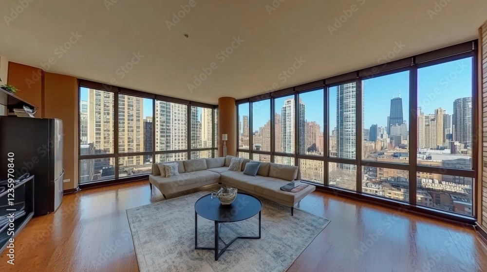 Panoramic City View from Modern High-Rise Apartment Living Room Panoramic City View from Modern High-Rise Apartment Living Room