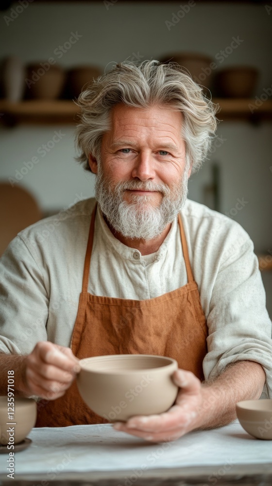 Vertical shot of a middle-aged gray-haired man makes pottery, looking at camera. Concept: Creative relaxation, Therapeutic Laziness, art therapy, hobby Vertical shot of a middle-aged gray-haired man makes pottery, looking at camera. Concept: Creative relaxation, Therapeutic Laziness, art therapy, hobby