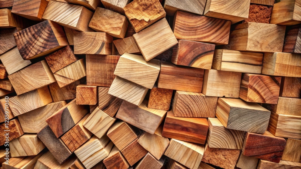 Fototapeta premium A chaotic arrangement of wood blocks, each with a unique grain pattern and a warm, natural hue, creates a visually captivating texture.
