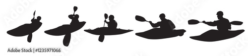 Set of silhouette kayaking on isolated background. 