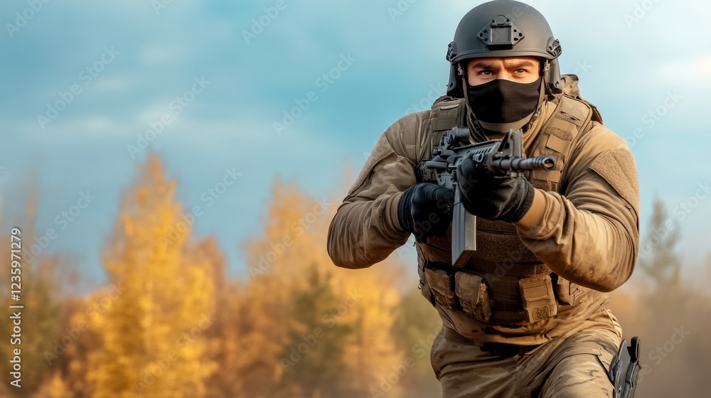 Armed soldier in tactical gear holding rifle outdoors in forest setting during autumn, wearing helmet and mask, engaging in action pose Armed soldier in tactical gear holding rifle outdoors in forest setting during autumn, wearing helmet and mask, engaging in action pose
