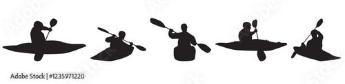 Set of silhouette kayaking on isolated background. 