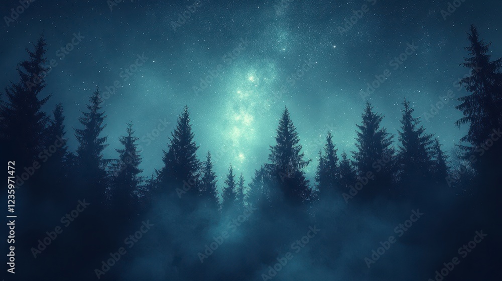 Night sky, Milky Way, forest, fog, mystical Night sky, Milky Way, forest, fog, mystical