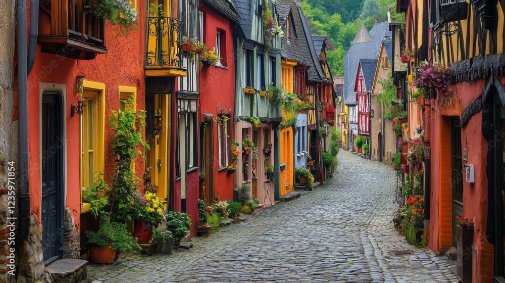 Fototapeta premium Charming Cobblestone Street with Colorful Houses and Flowers