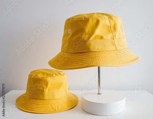 Two stylish yellow bucket hats displayed on a minimalistic stand against a neutral backdrop.