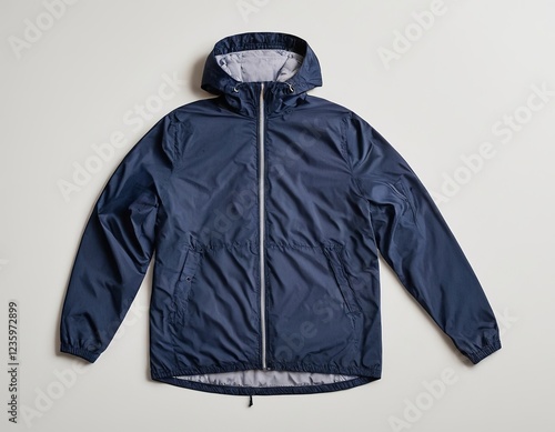 Stylish navy blue windbreaker jacket, perfect for casual outings or outdoor adventures.