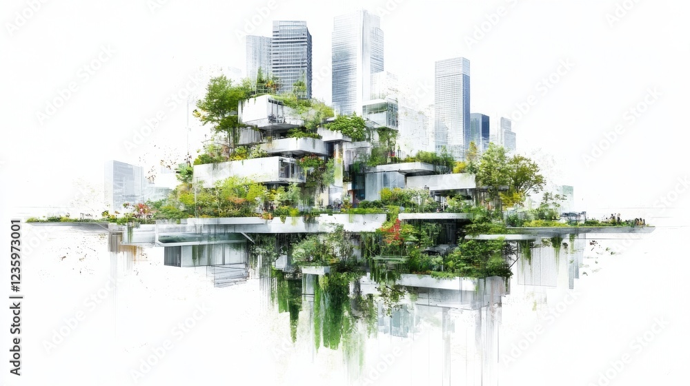 Futuristic urban landscape featuring eco-friendly architecture amidst a vibrant city backdrop Futuristic urban landscape featuring eco-friendly architecture amidst a vibrant city backdrop