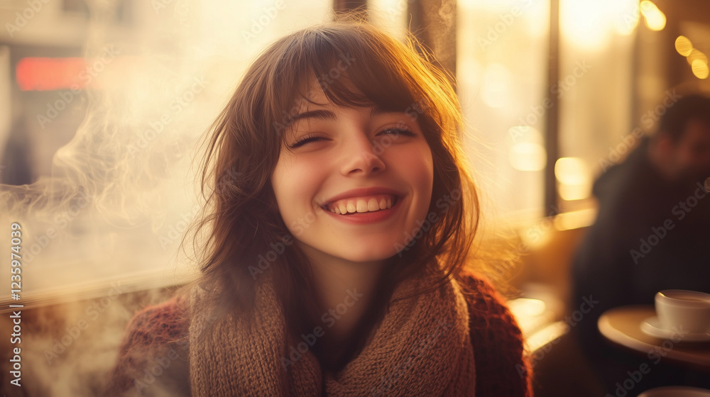 Radiant and Cheerful Woman in a Sunlit Indoor Setting Radiant and Cheerful Woman in a Sunlit Indoor Setting