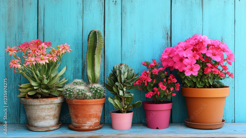 A collection of colorful potted flowers and cacti arranged against a blue wooden surface beauty. AI generative A collection of colorful potted flowers and cacti arranged against a blue wooden surface beauty. AI generative