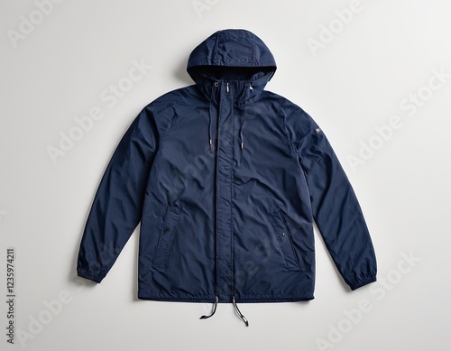 Navy blue lightweight jacket with a hood and drawstring, perfect for outdoor activities in mild weather.