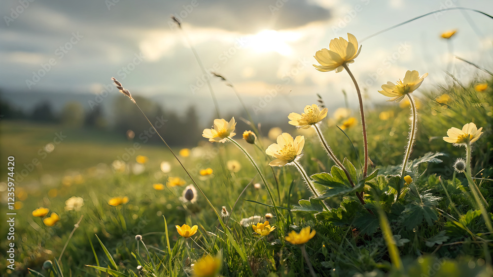 Obraz premium Sunlit Meadow with Vibrant Yellow Wildflowers Under Cloudy Sky